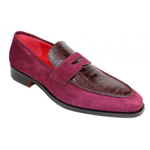 Fennix Italy "Harry" Burgundy Genuine Ostrich / Suede Loafers Shoes.